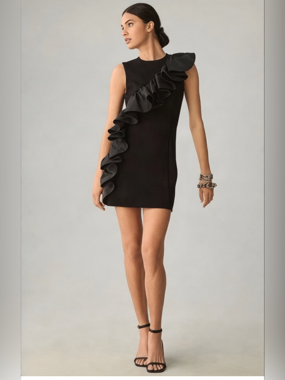NWT Anthropologie Hutch Black Satin Ruffle Sheath Cocktail Dress L